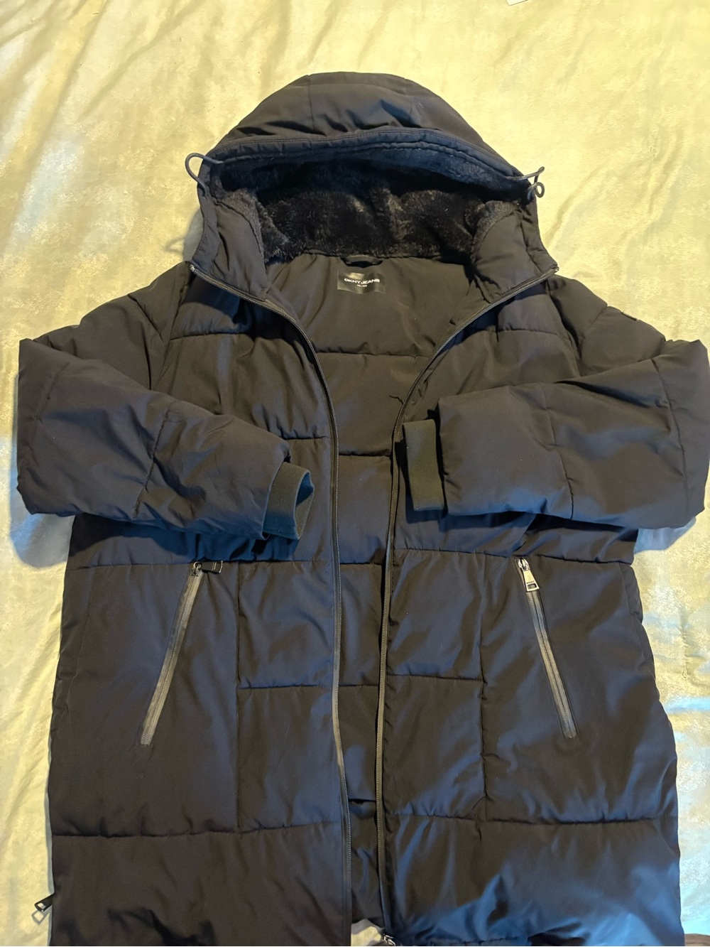 DKNY Black Hooded Quilted Puffer Coat